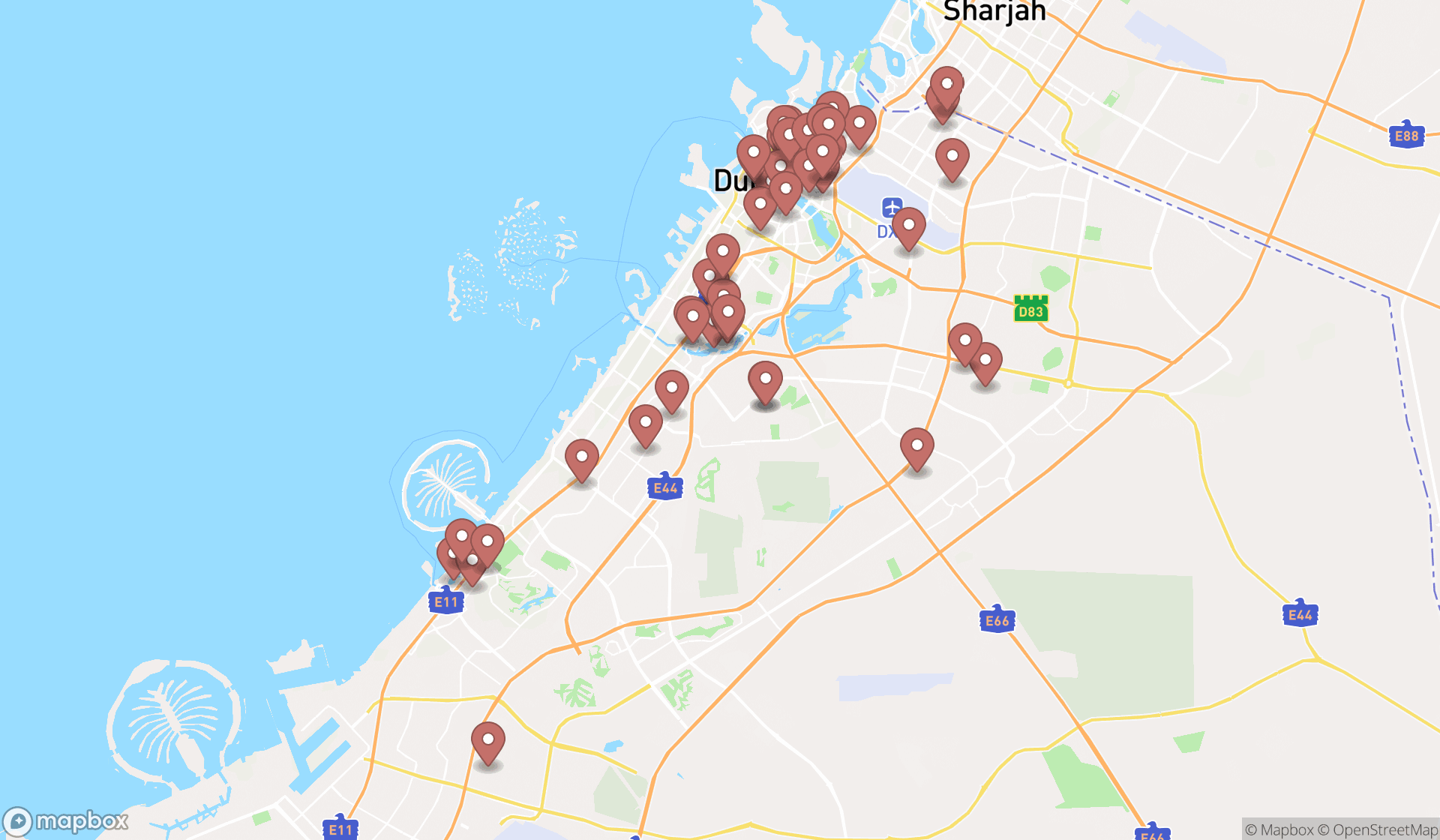 Map showing the search results in Dubai