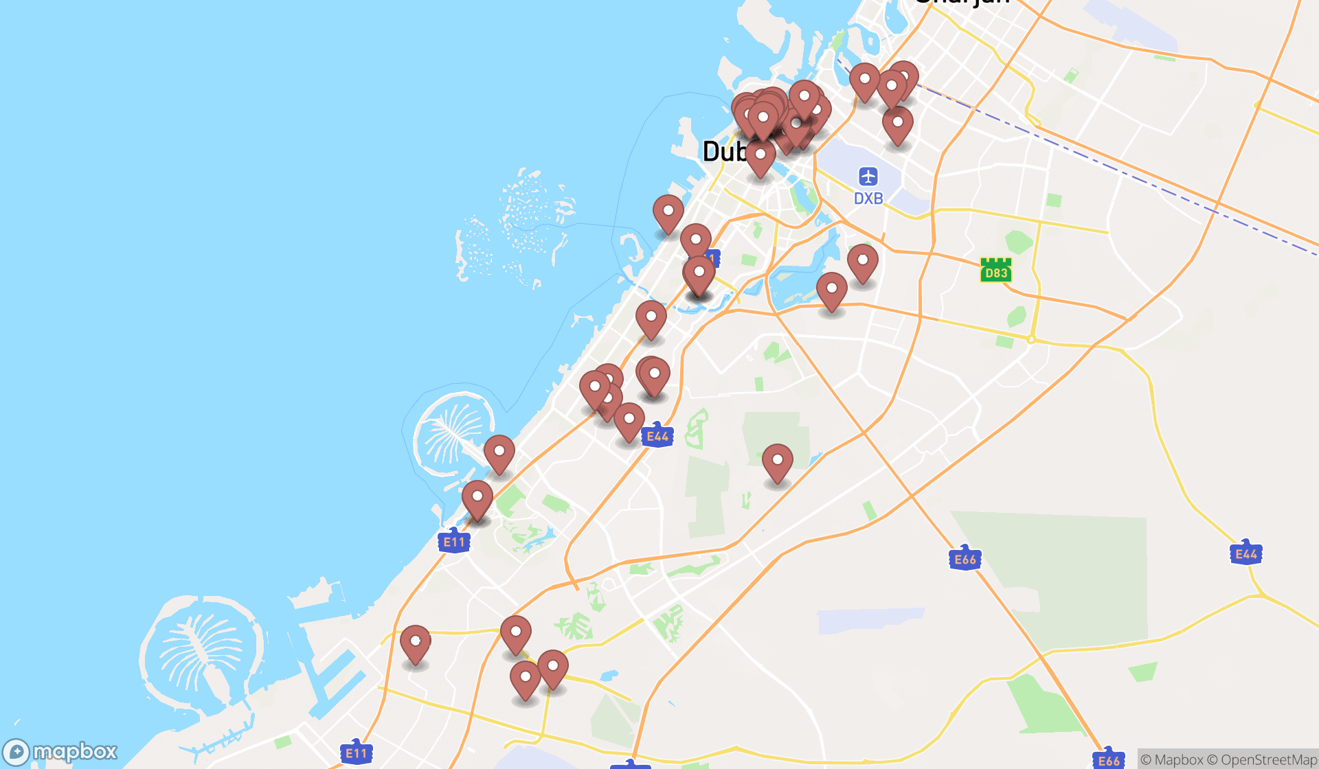 Map showing the search results in Dubai