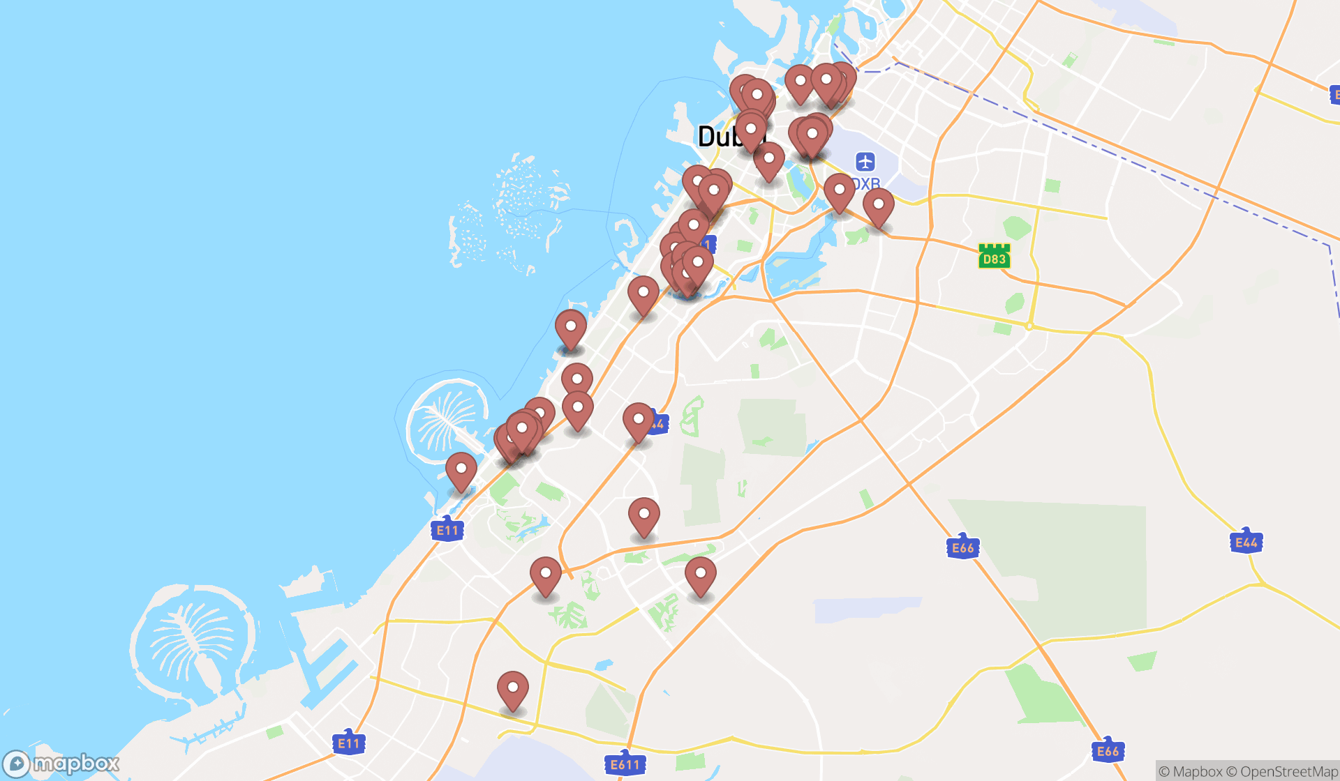Map showing the search results in Dubai