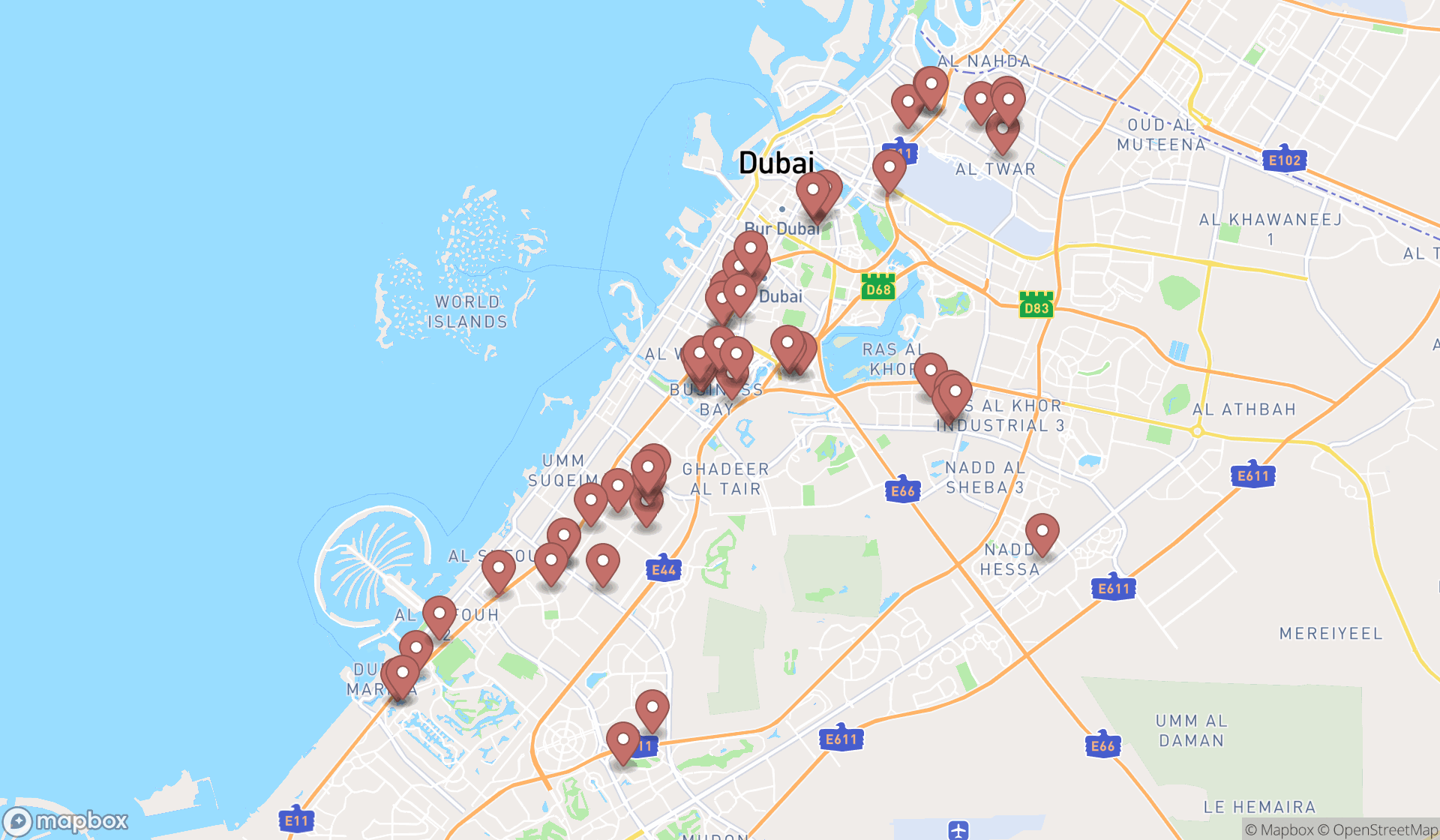 Map showing the search results in Dubai