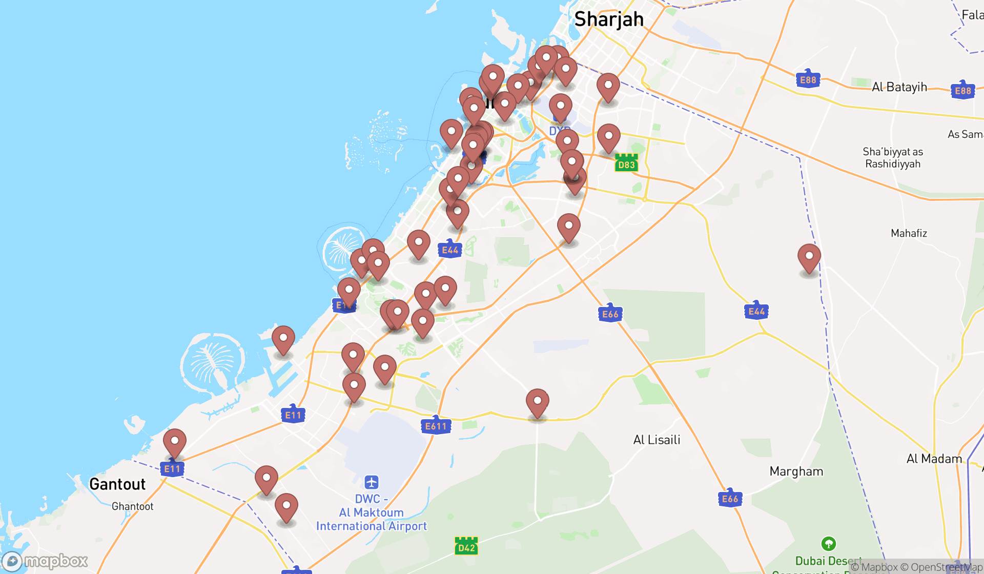 Map showing the search results in Dubai