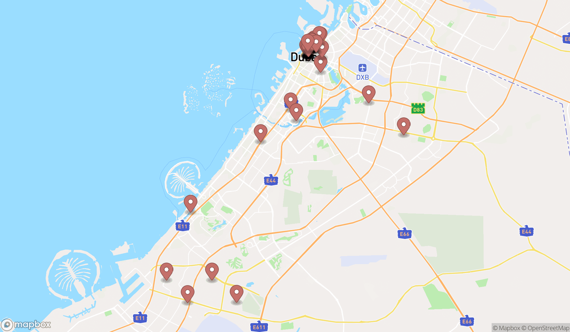 Map showing the search results in Dubai