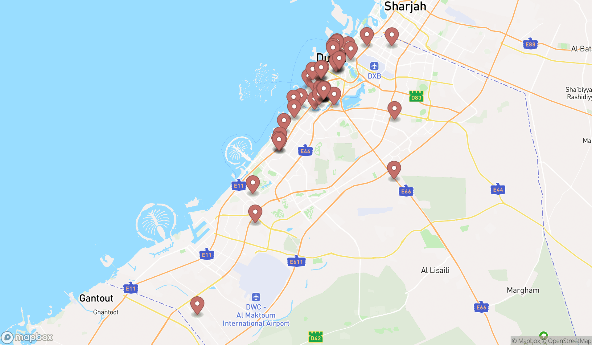 Map showing the search results in Dubai