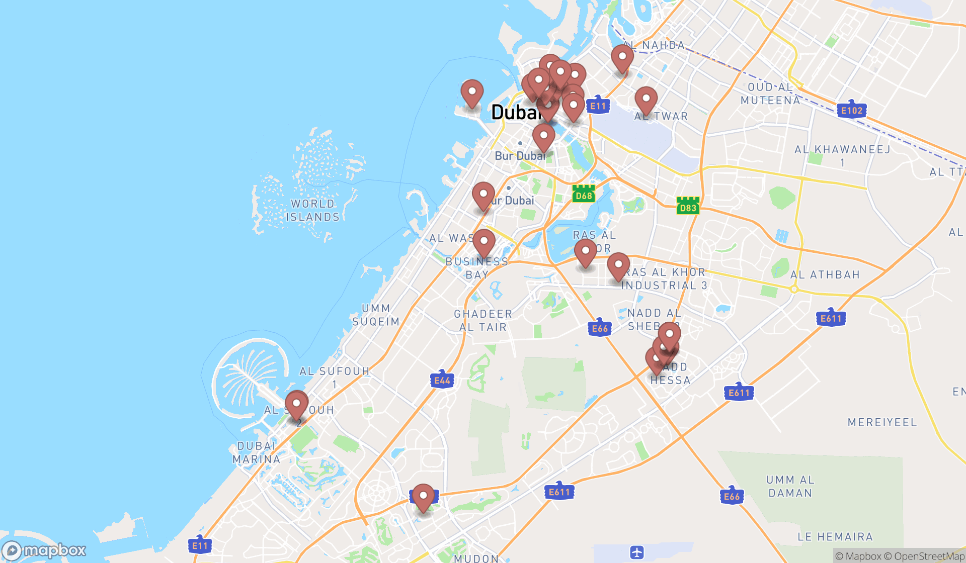 Map showing the search results in Dubai