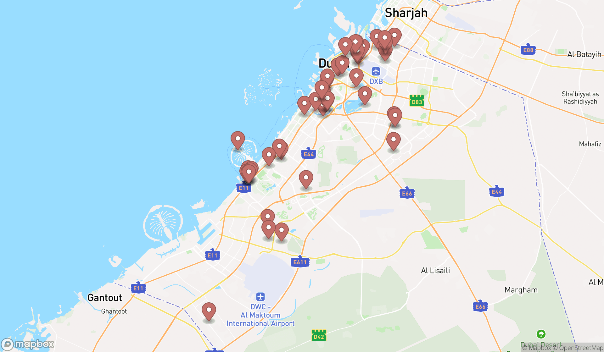 Map showing the search results in Dubai