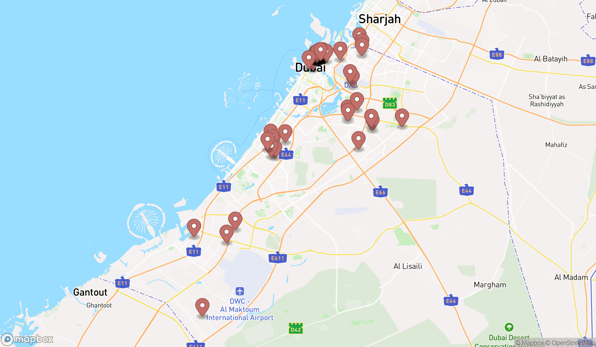 Map showing the search results in Dubai