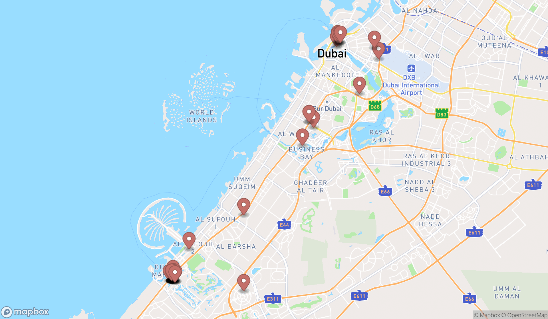 Map showing the search results in Dubai