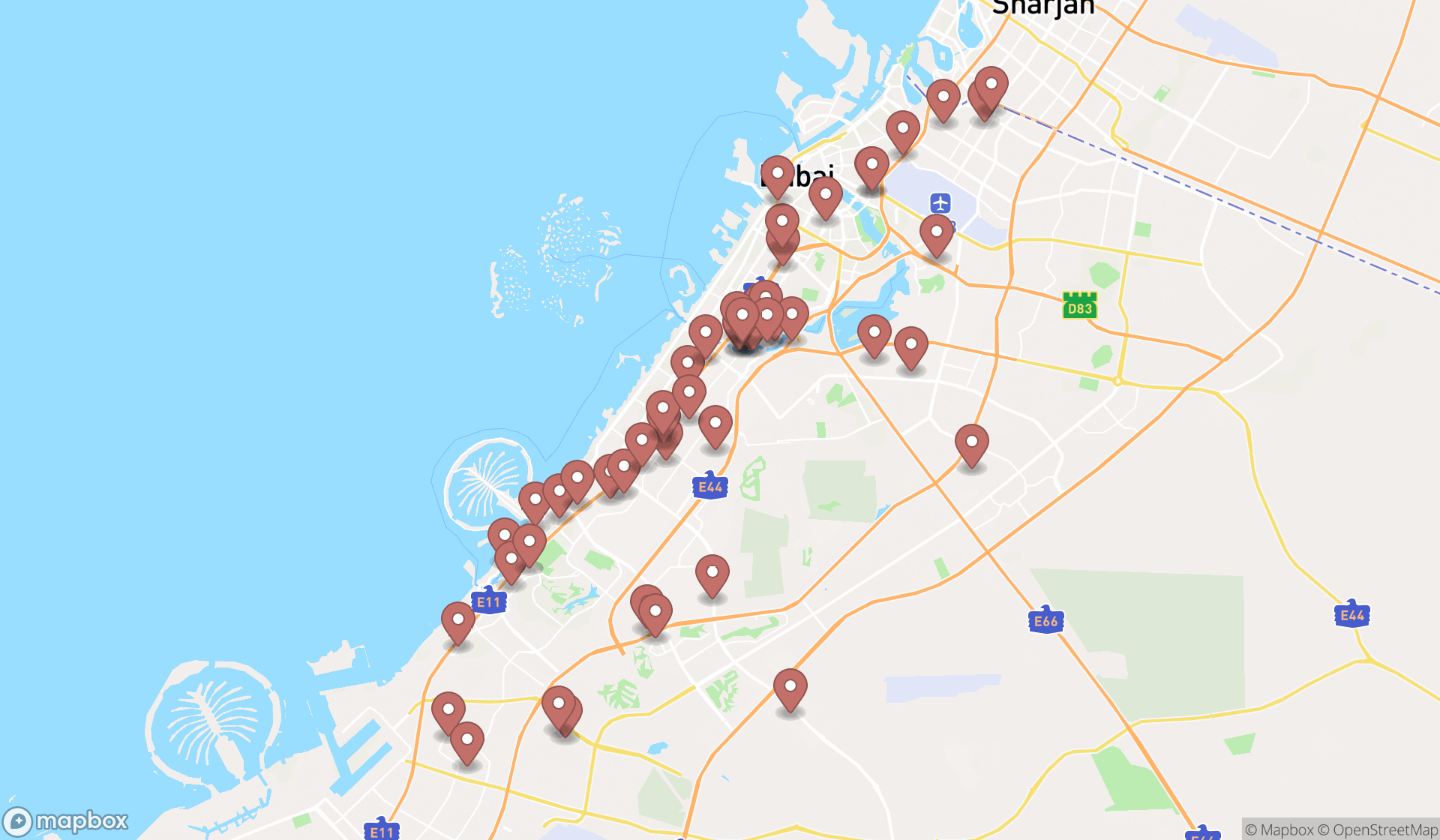Map showing the search results in Dubai