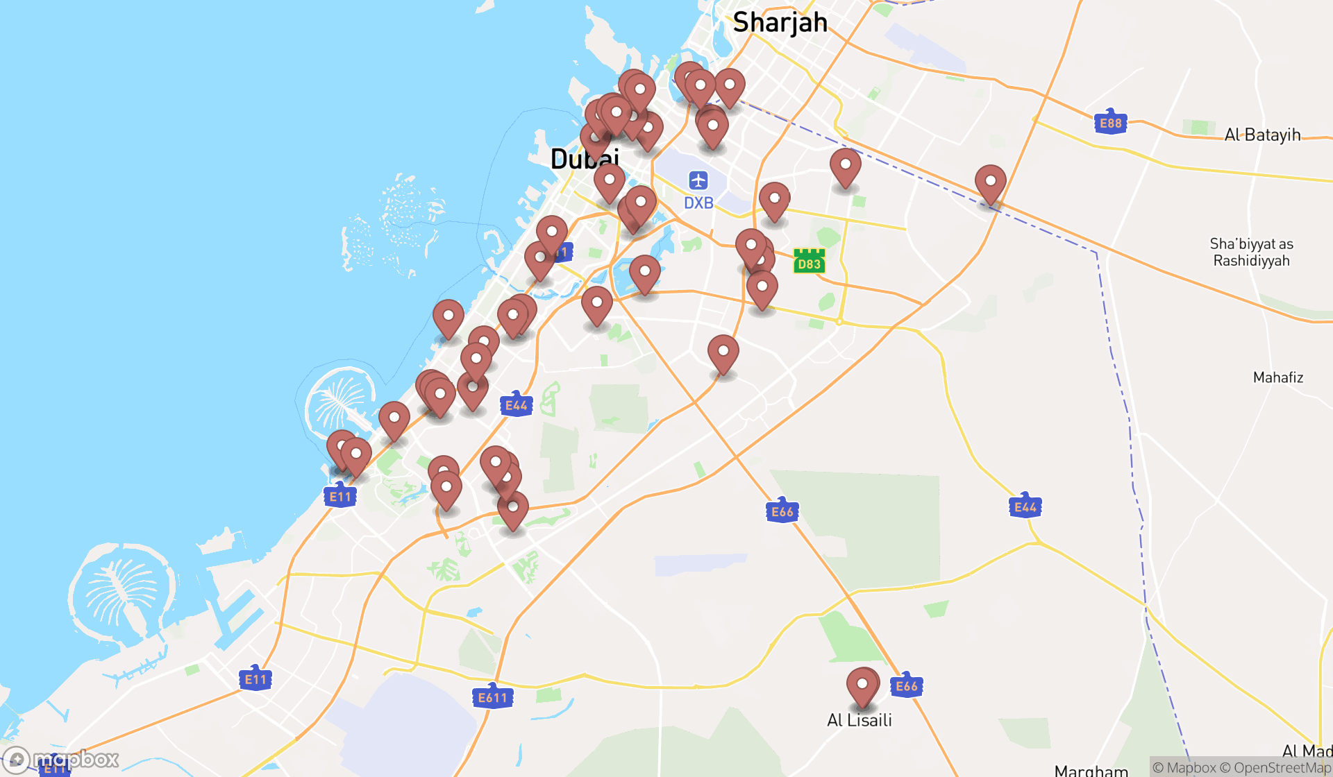 Map showing the search results in Dubai