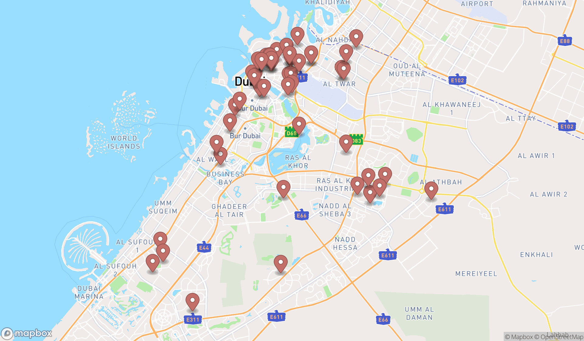 Map showing the search results in Dubai
