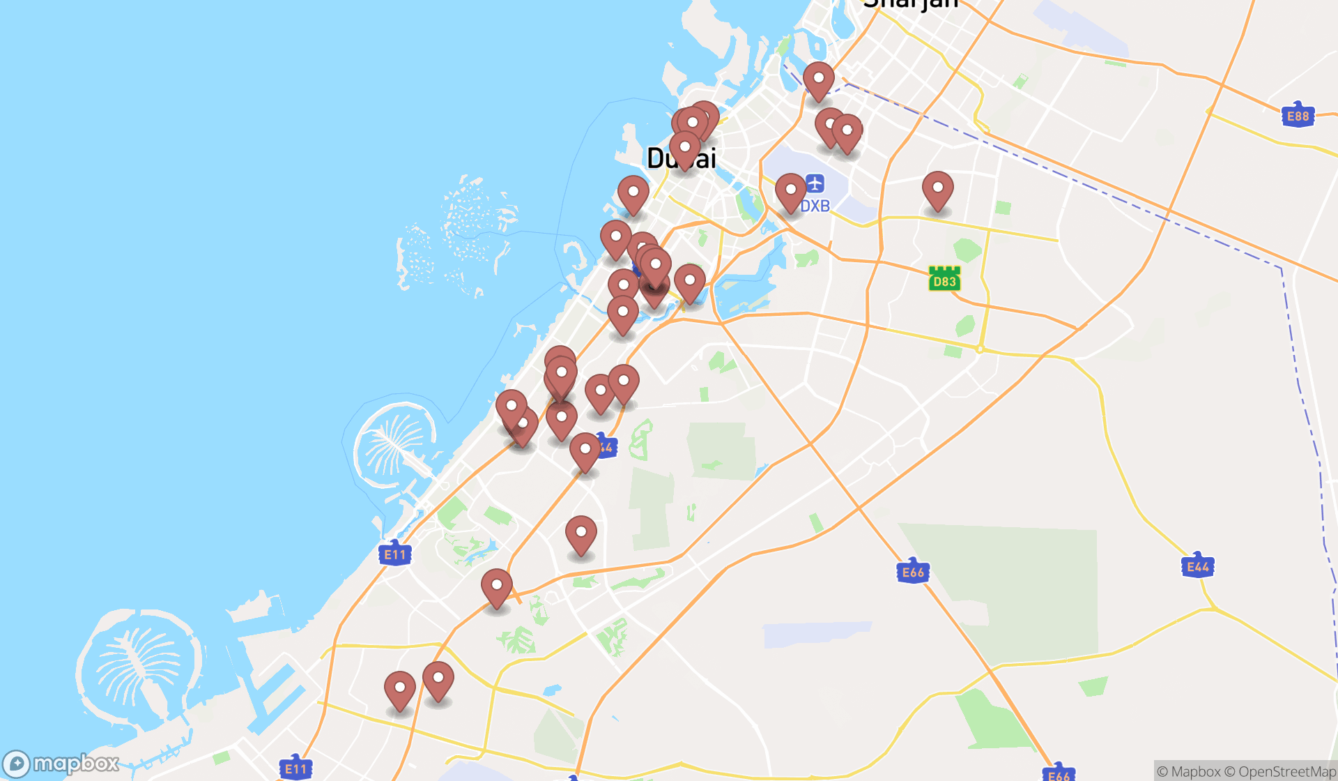 Map showing the search results in Dubai