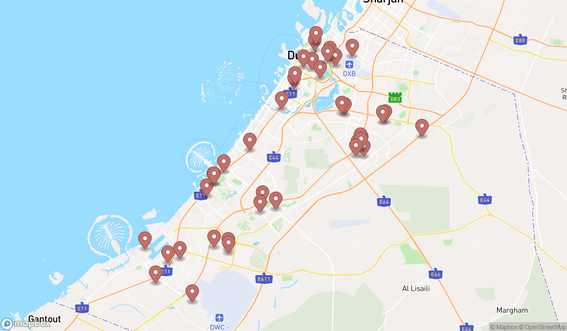 Map showing the search results in Dubai