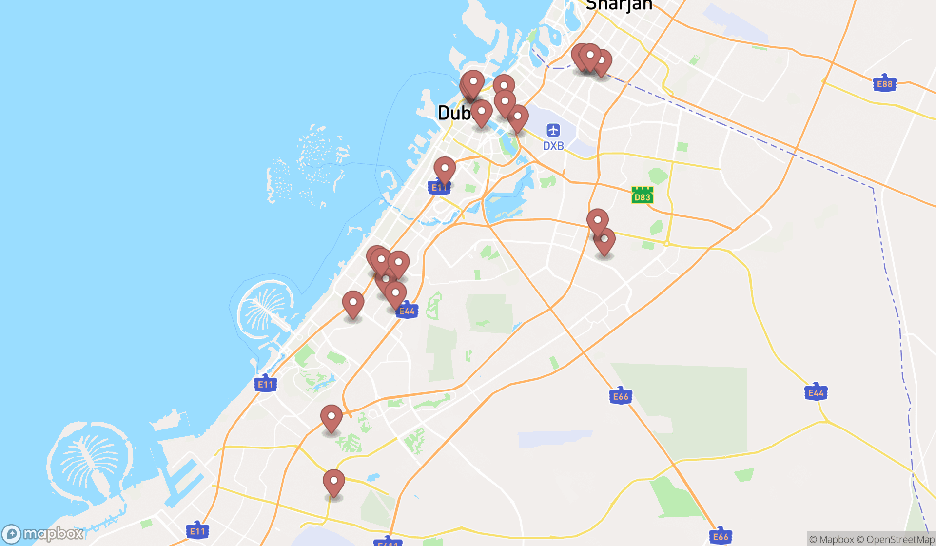 Map showing the search results in Dubai