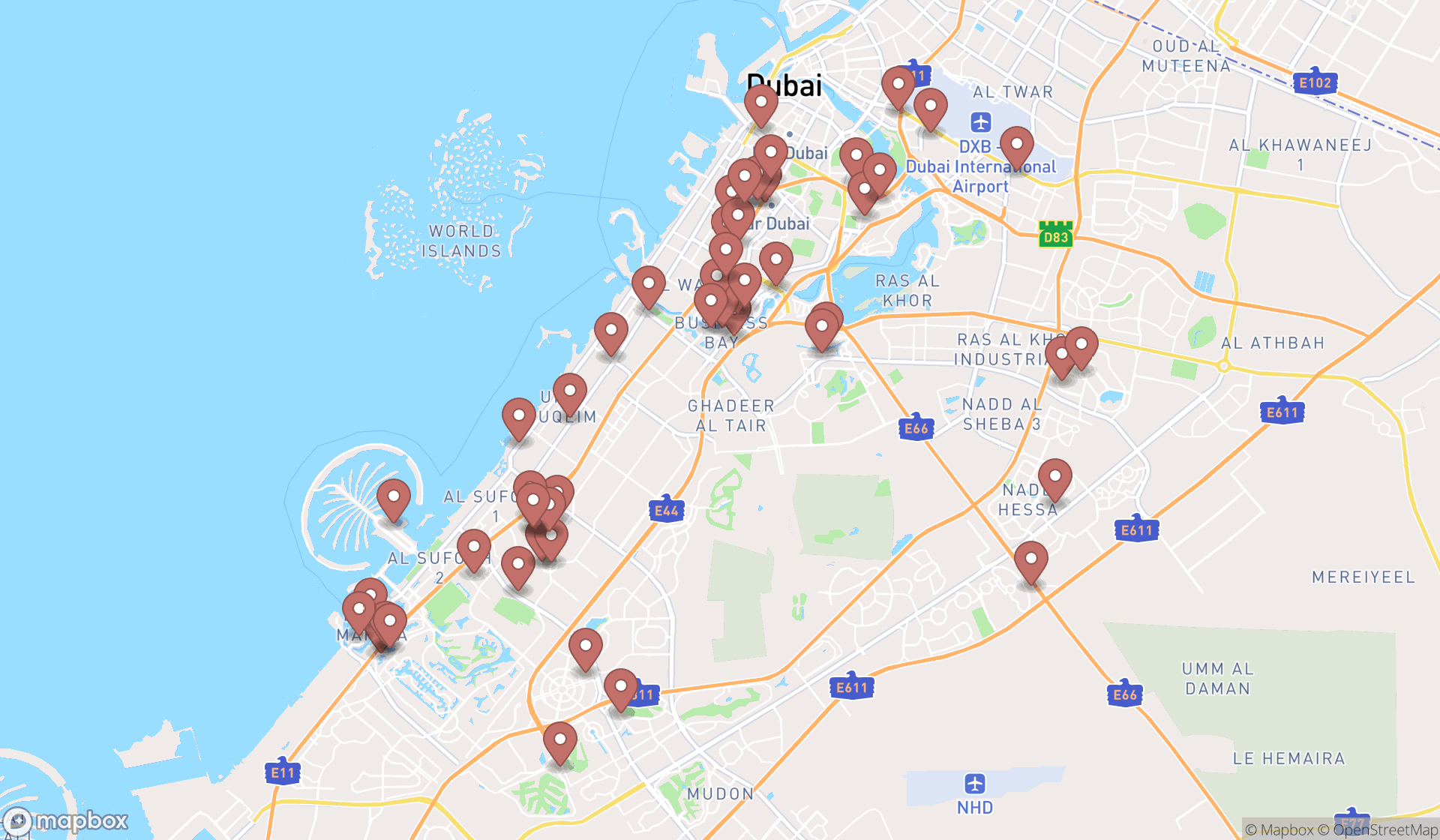 Map showing the search results in Dubai