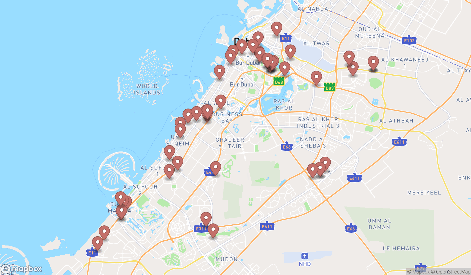 Map showing the search results in Dubai