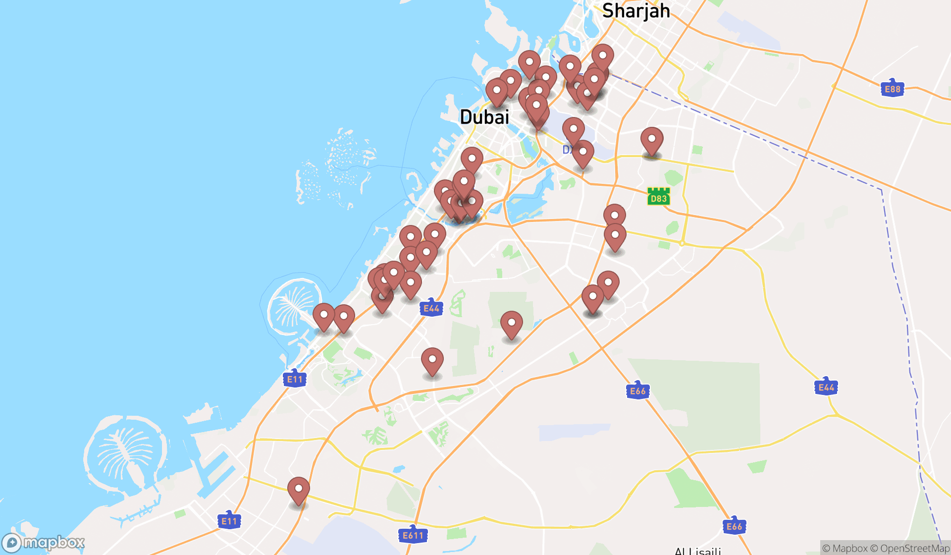 Map showing the search results in Dubai