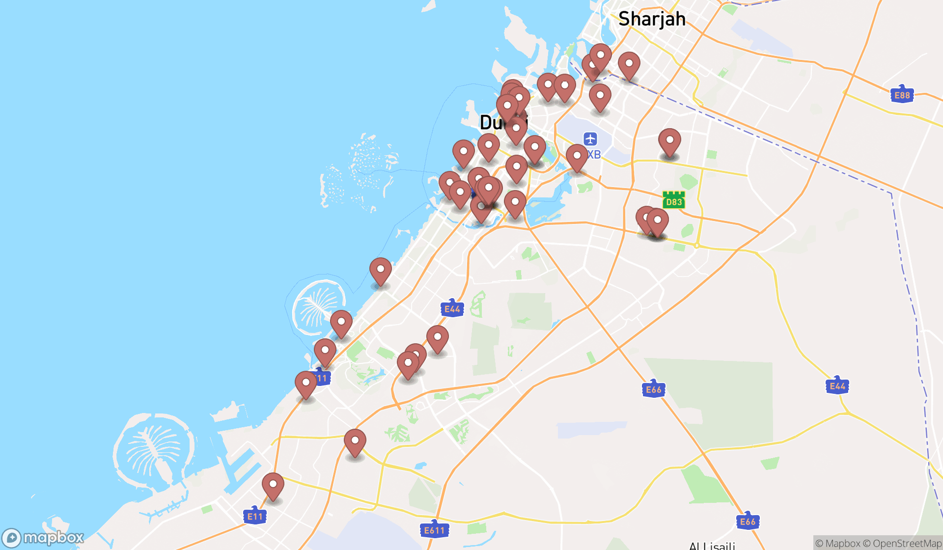Map showing the search results in Dubai