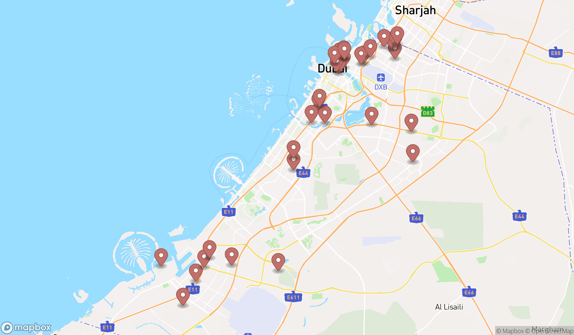 Map showing the search results in Dubai