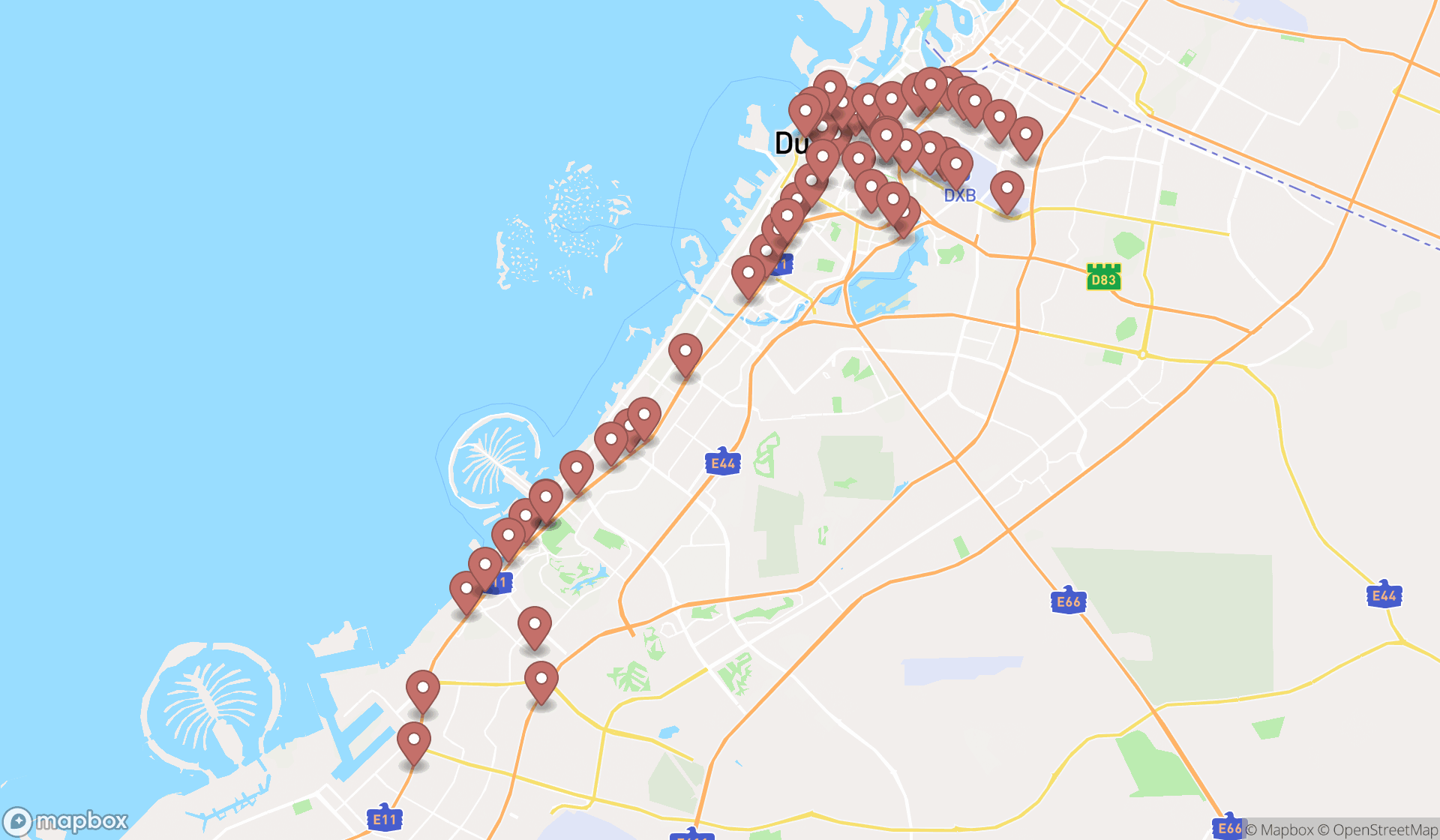 Map showing the search results in Dubai