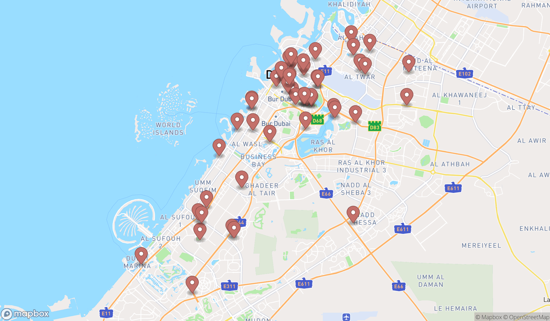 Map showing the search results in Dubai