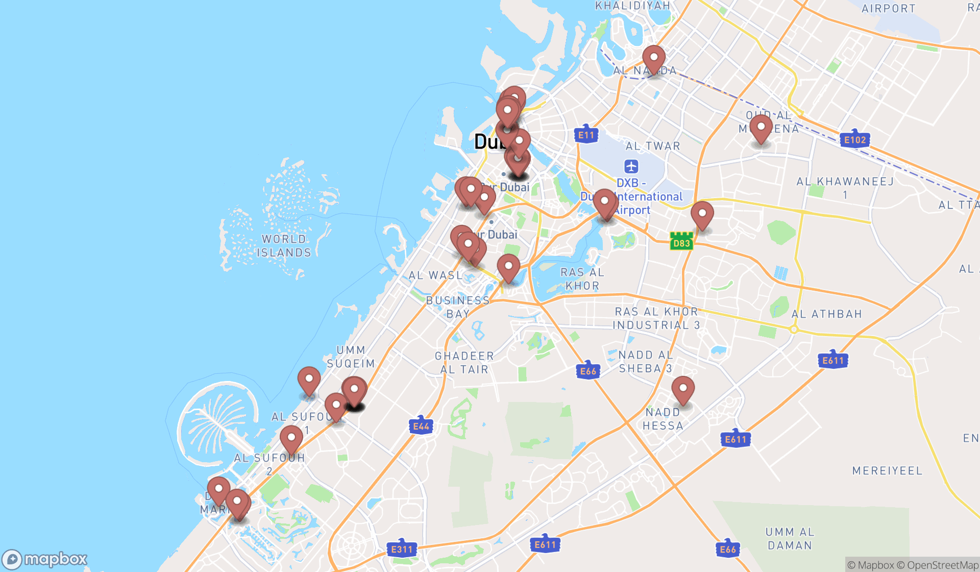 Map showing the search results in Dubai