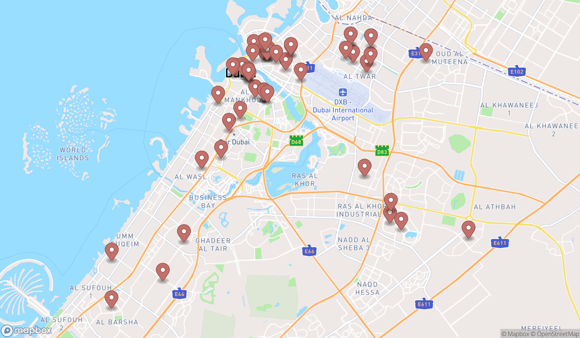 Map showing the search results in Dubai