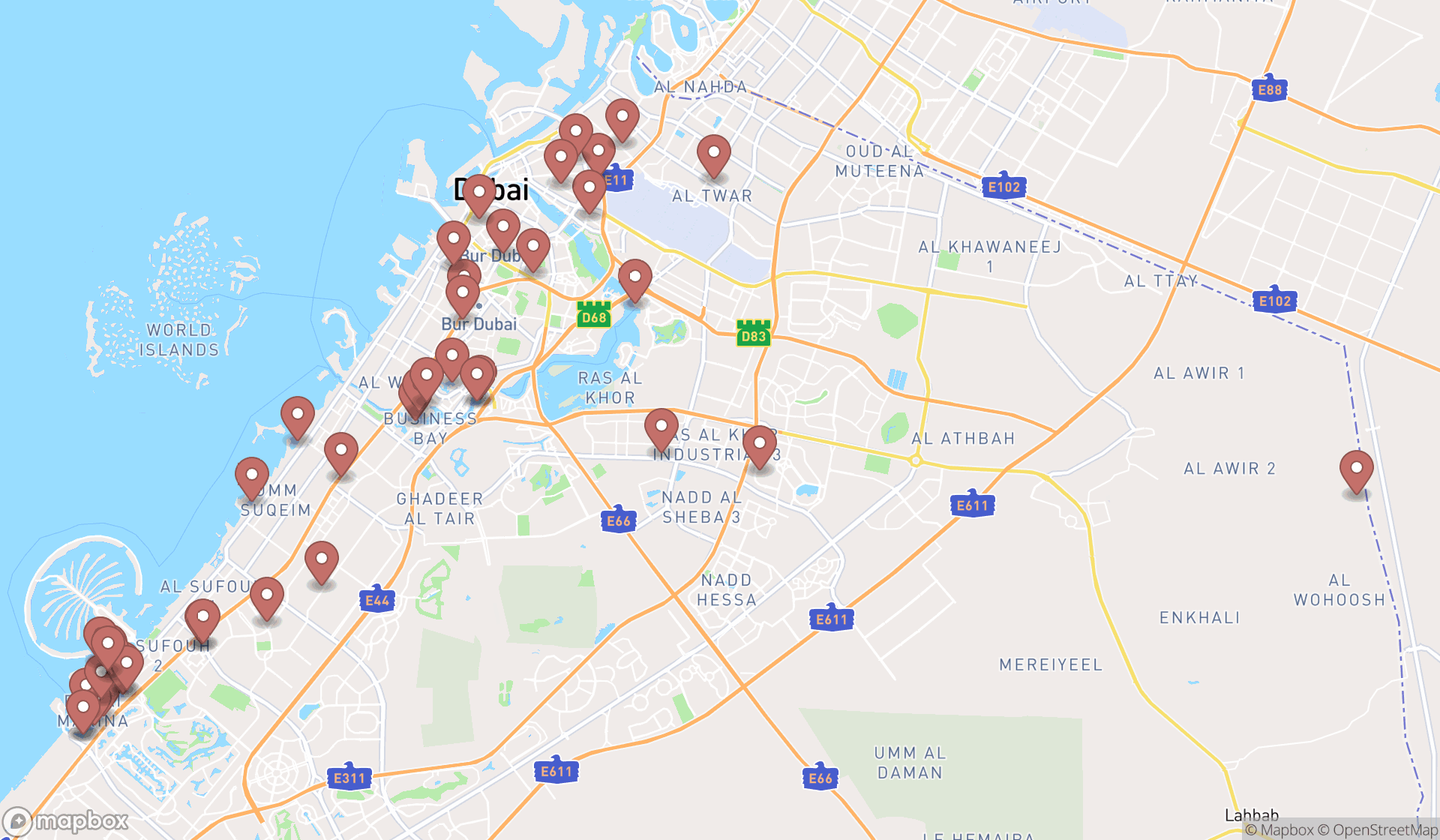 Map showing the search results in Dubai