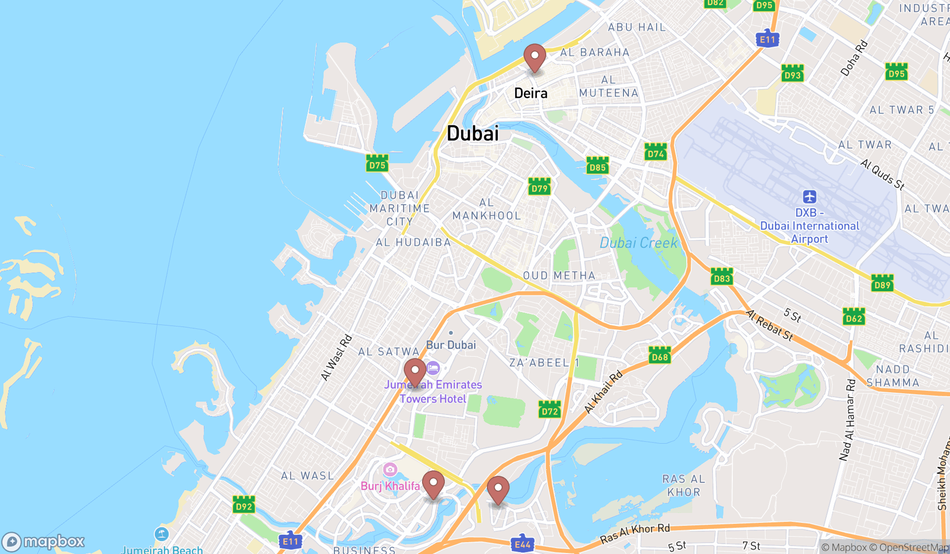 Map showing the search results in Dubai
