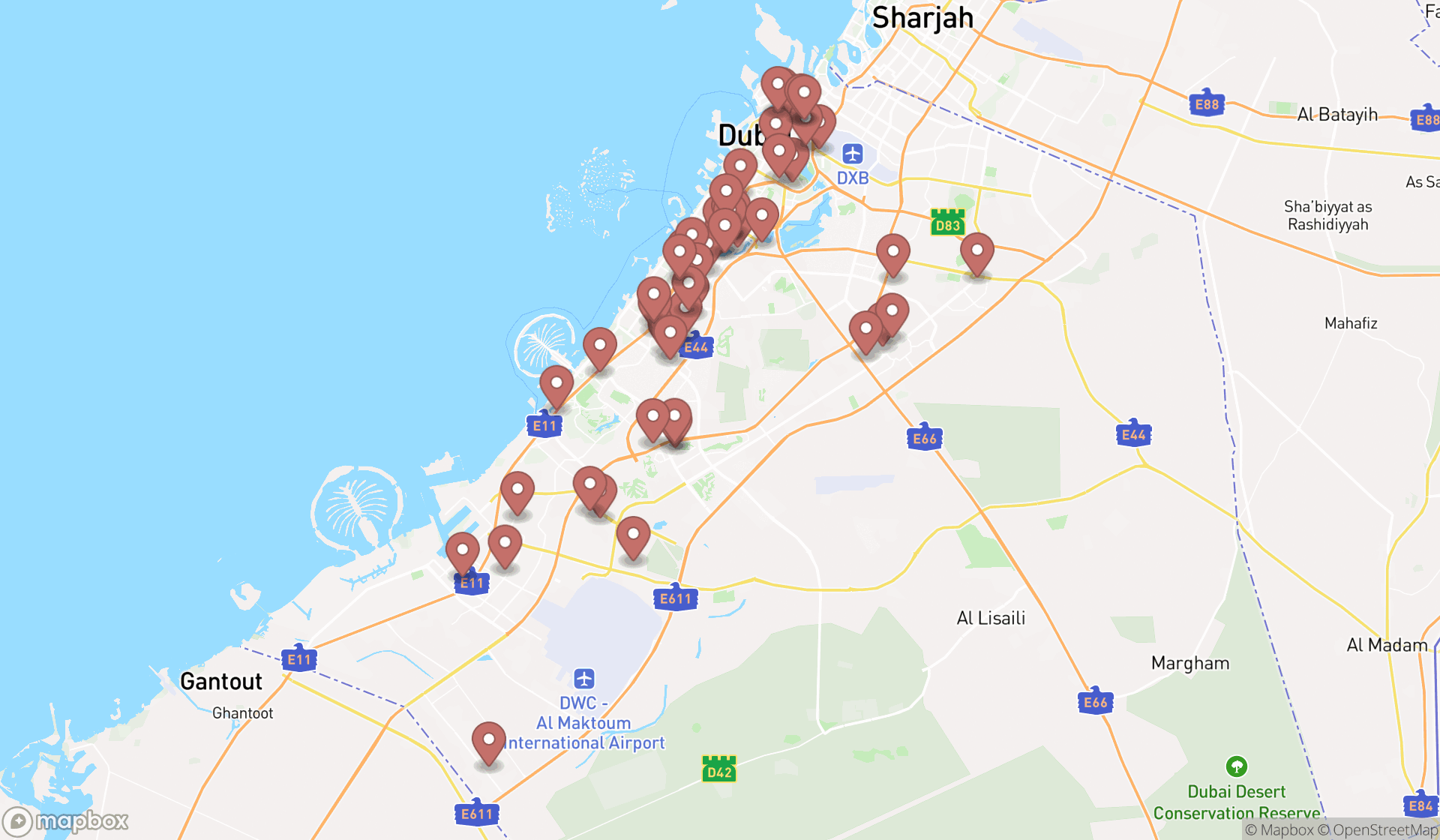 Map showing the search results in Dubai