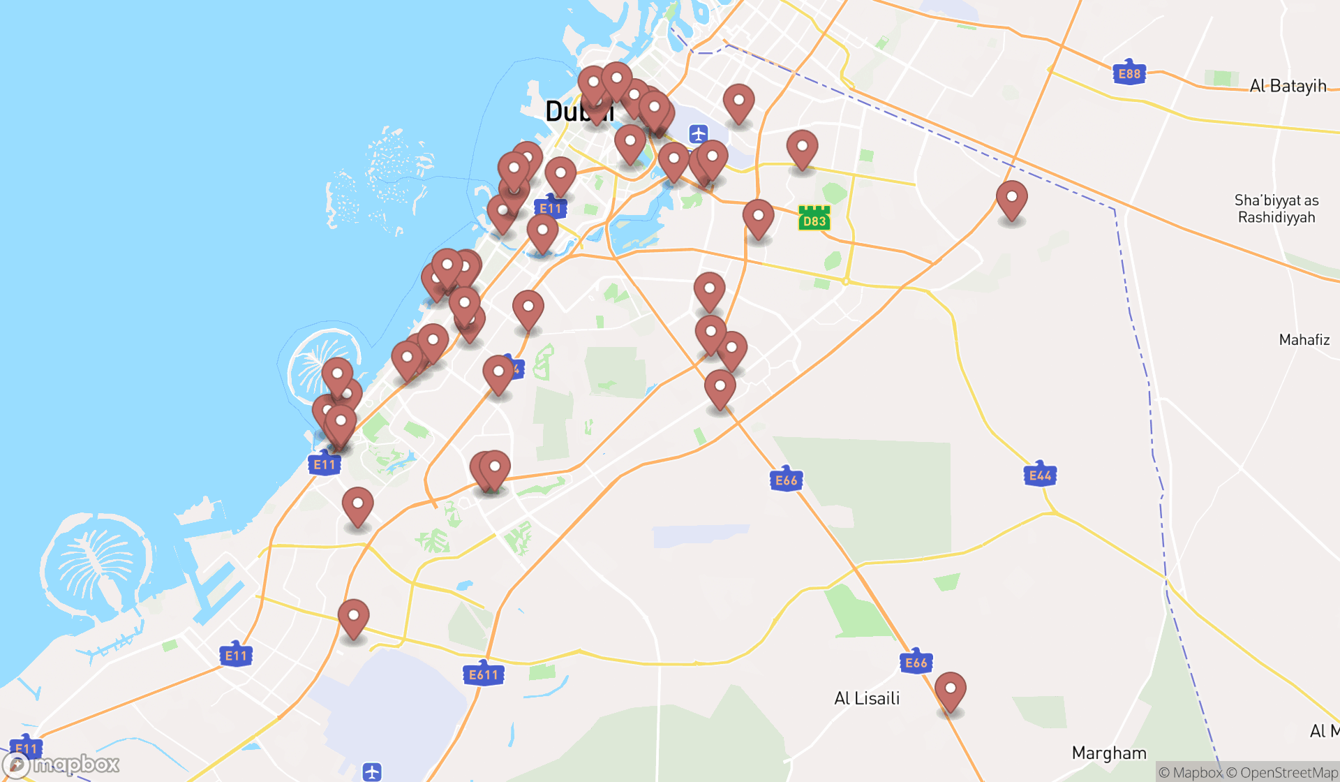 Map showing the search results in Dubai