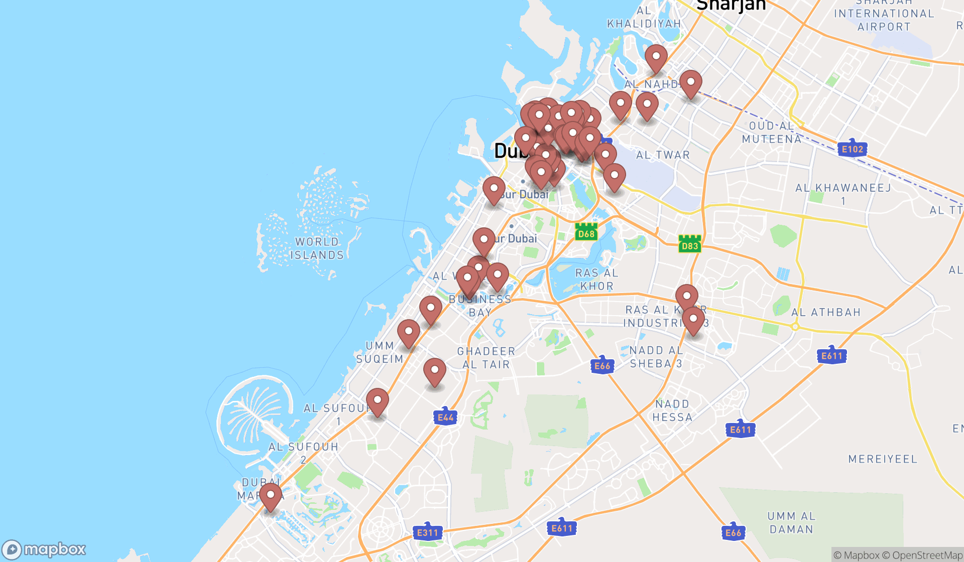Map showing the search results in Dubai