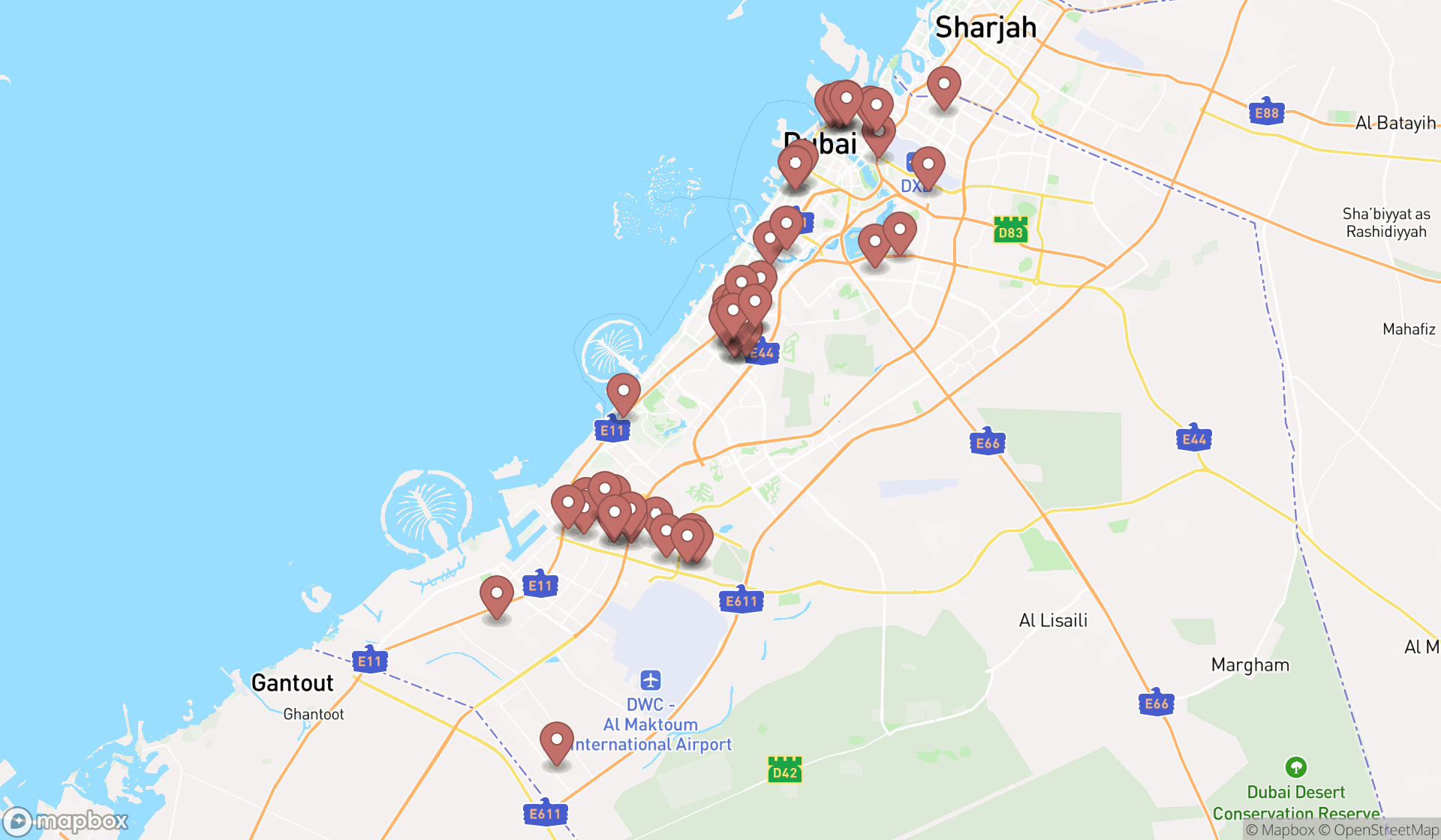 Map showing the search results in Dubai