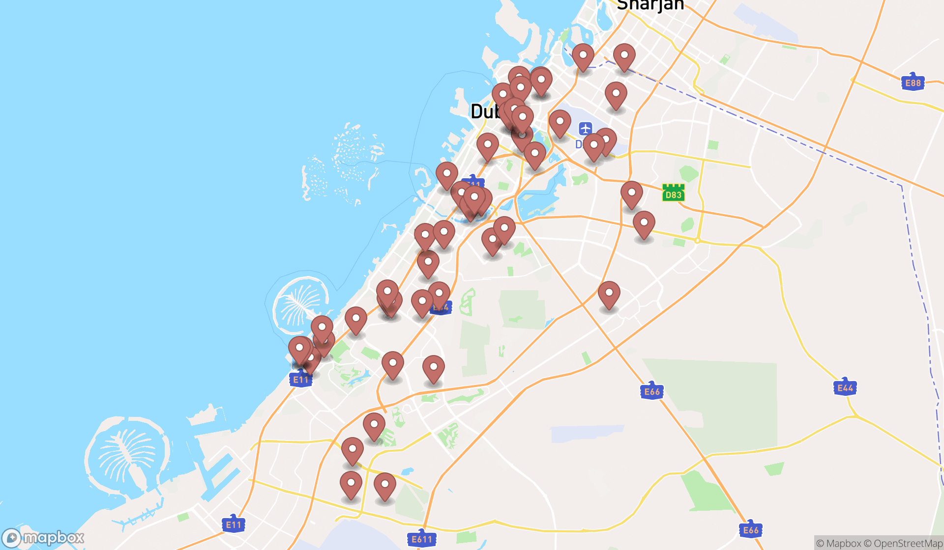 Map showing the search results in Dubai