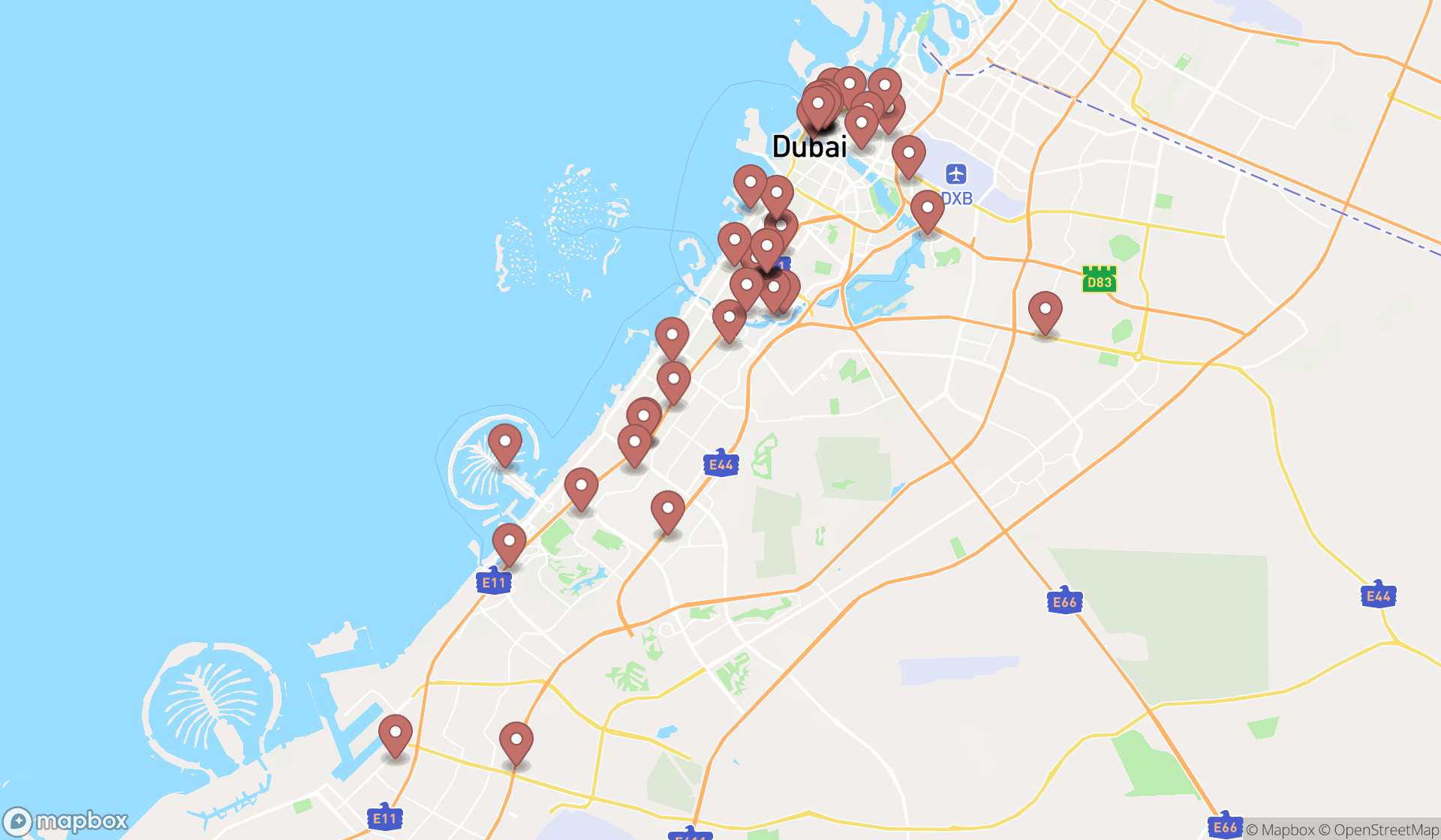 Map showing the search results in Dubai