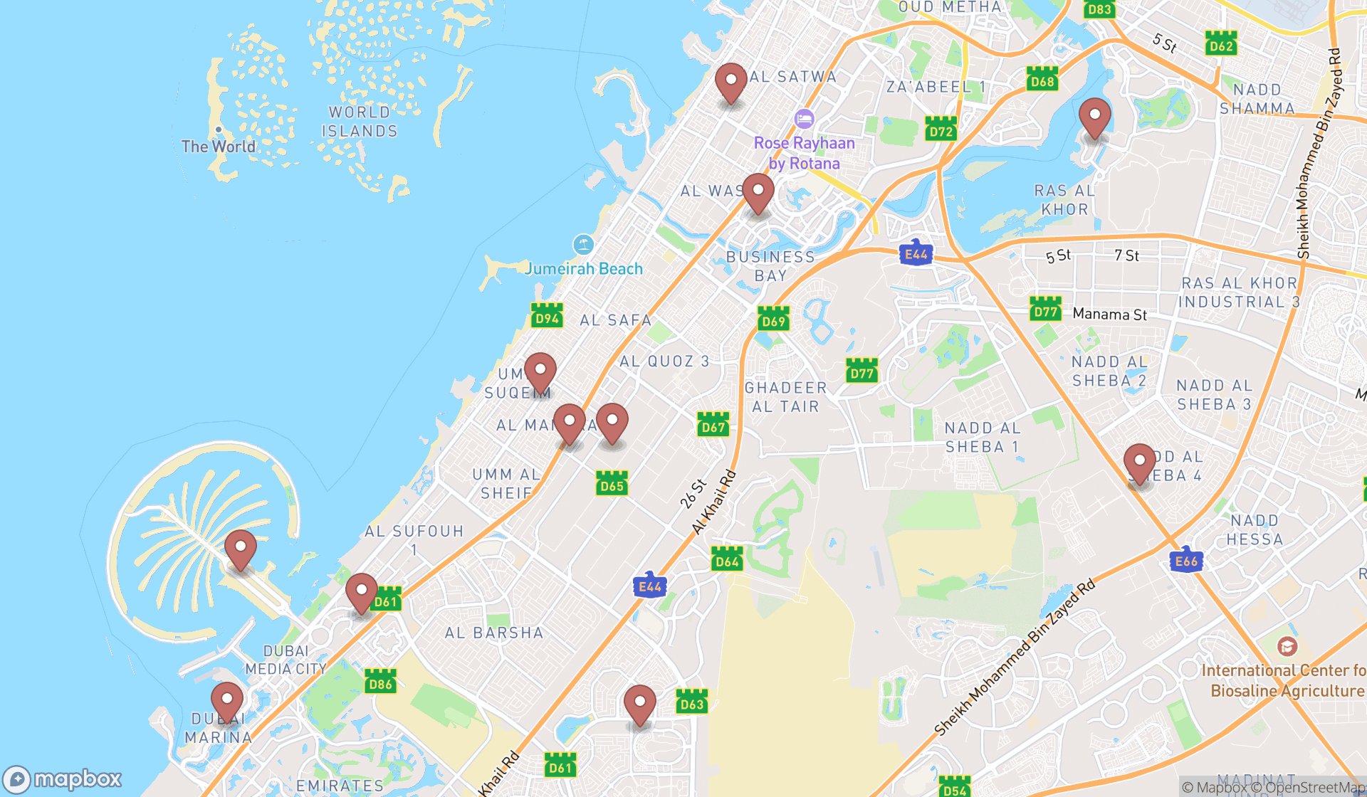 Map showing the search results in Dubai