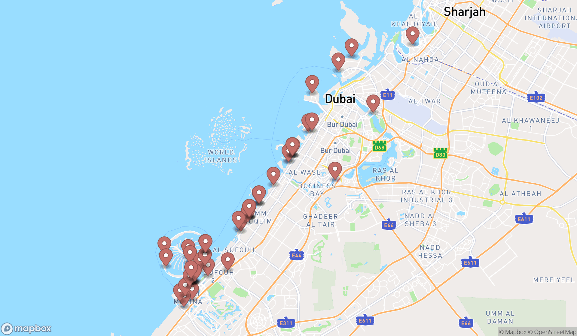 Map showing the search results in Dubai