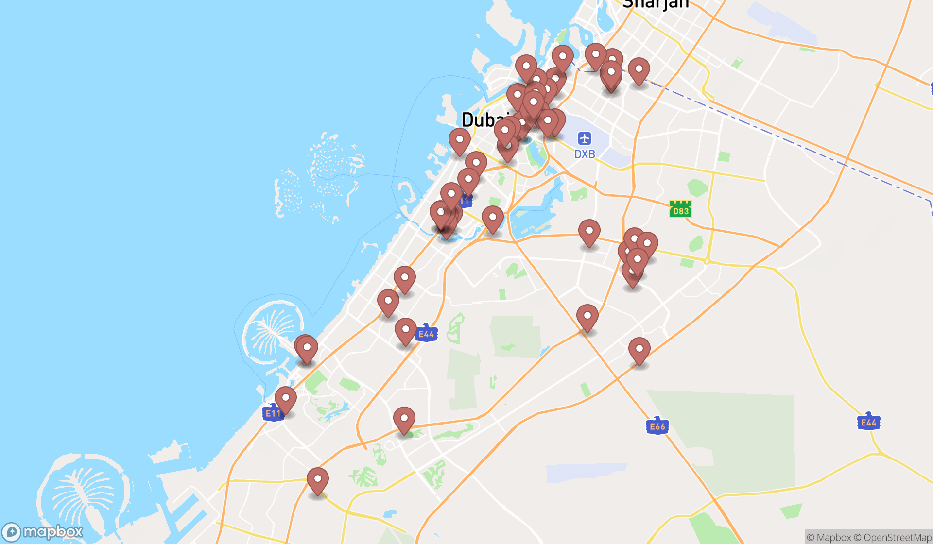 Map showing the search results in Dubai