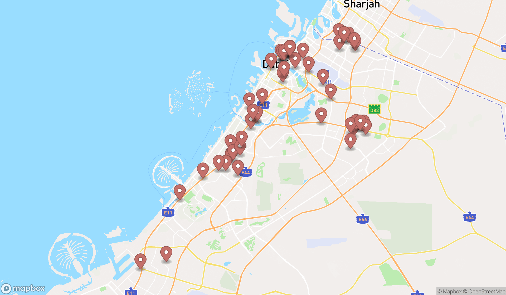 Map showing the search results in Dubai