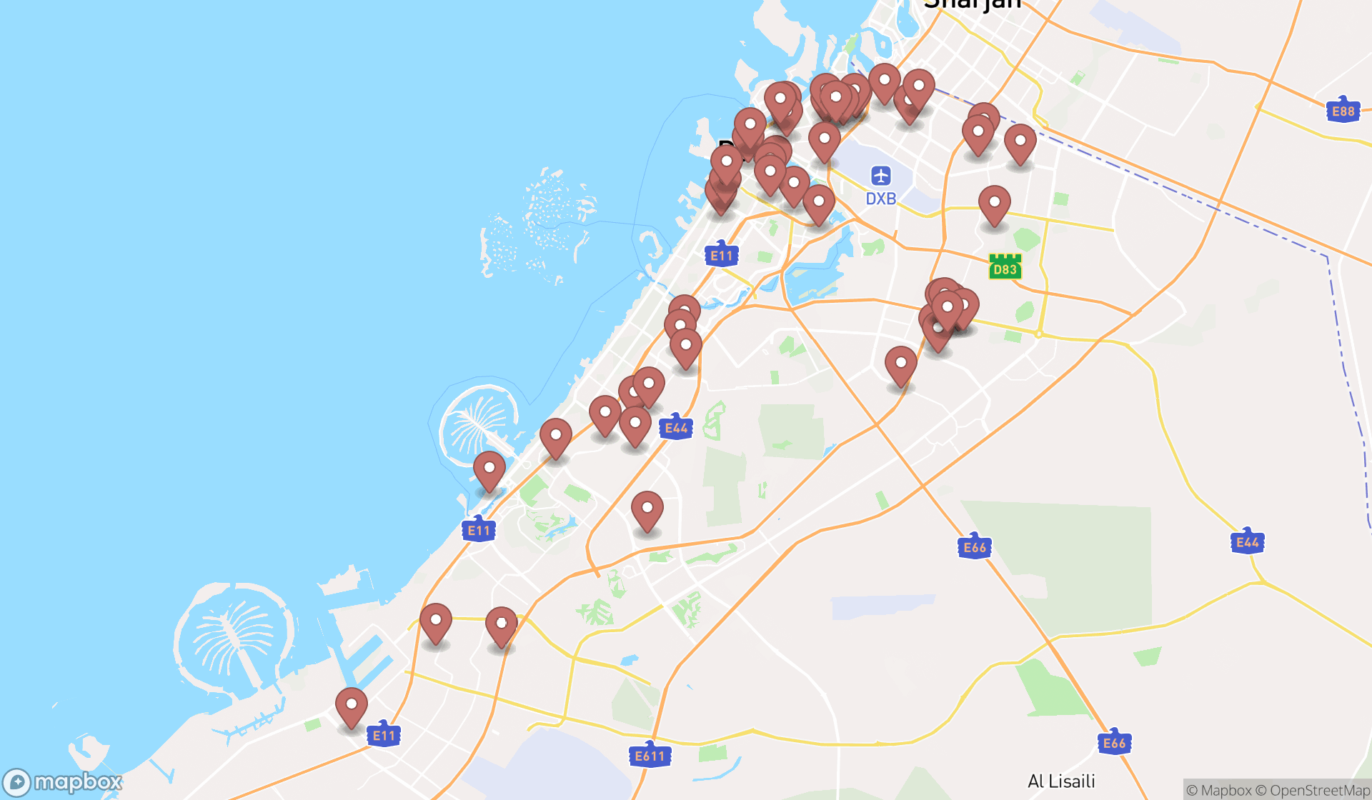 Map showing the search results in Dubai