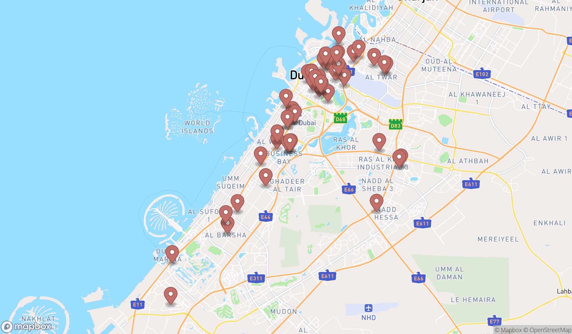 Map showing the search results in Dubai
