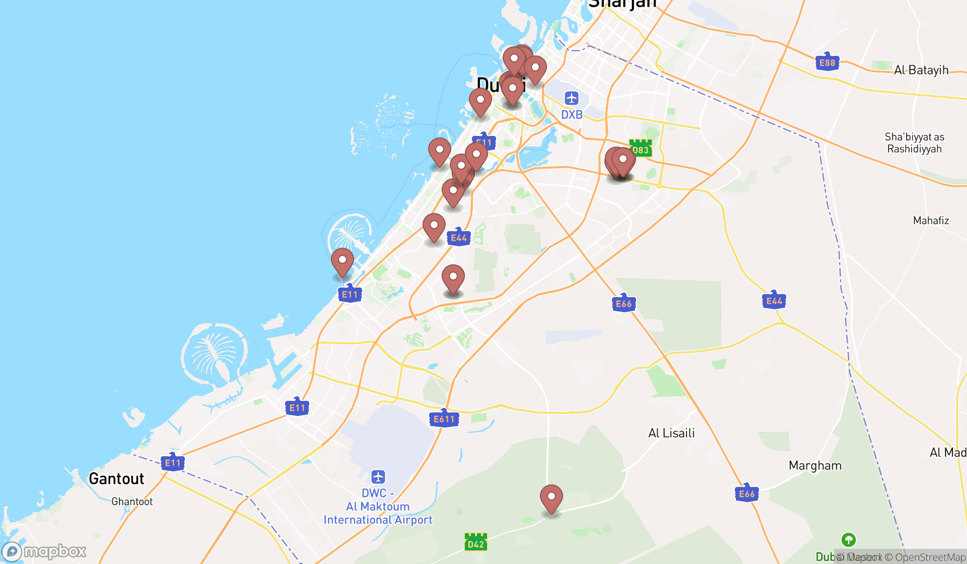 Map showing the search results in Dubai