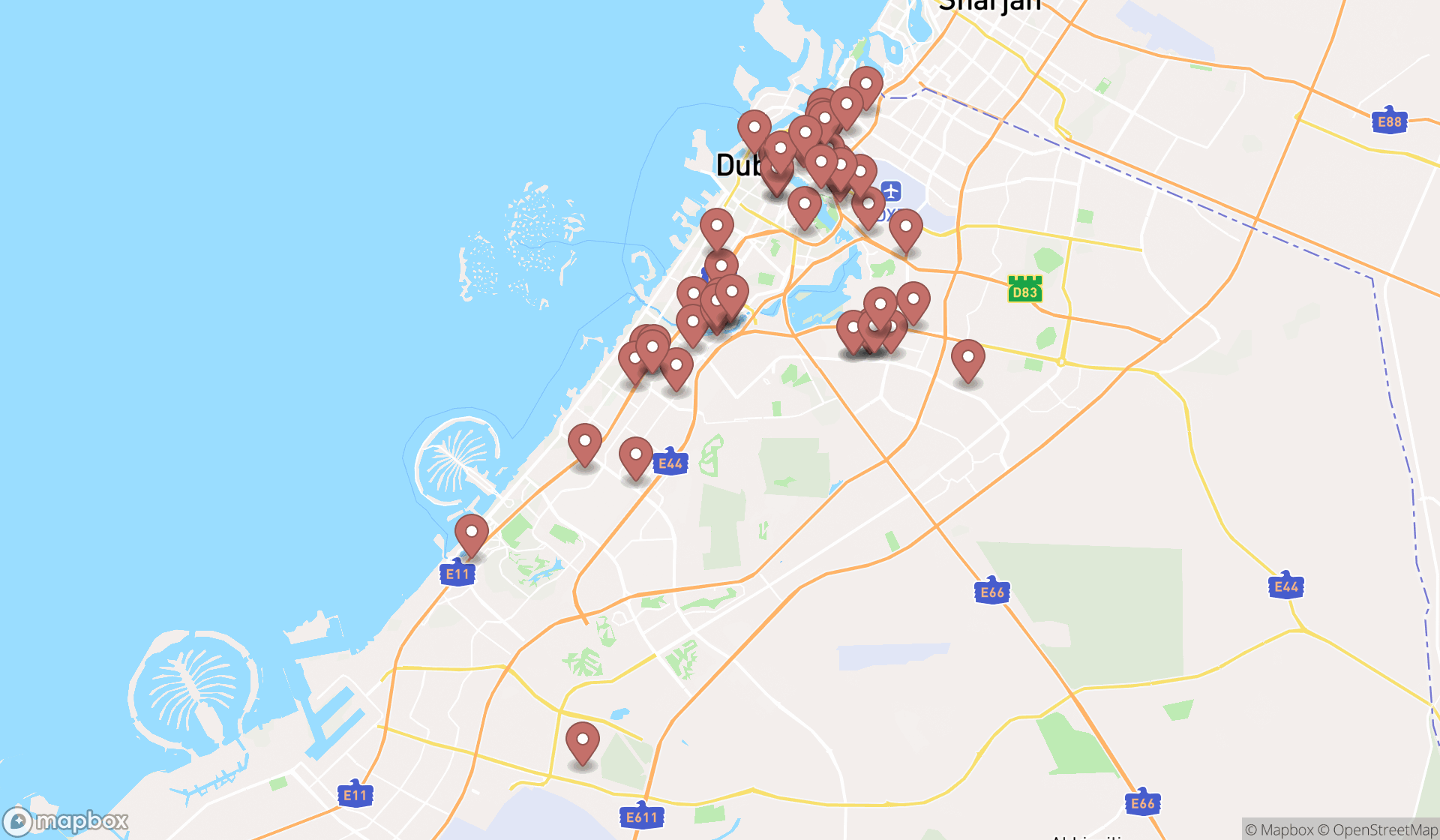 Map showing the search results in Dubai