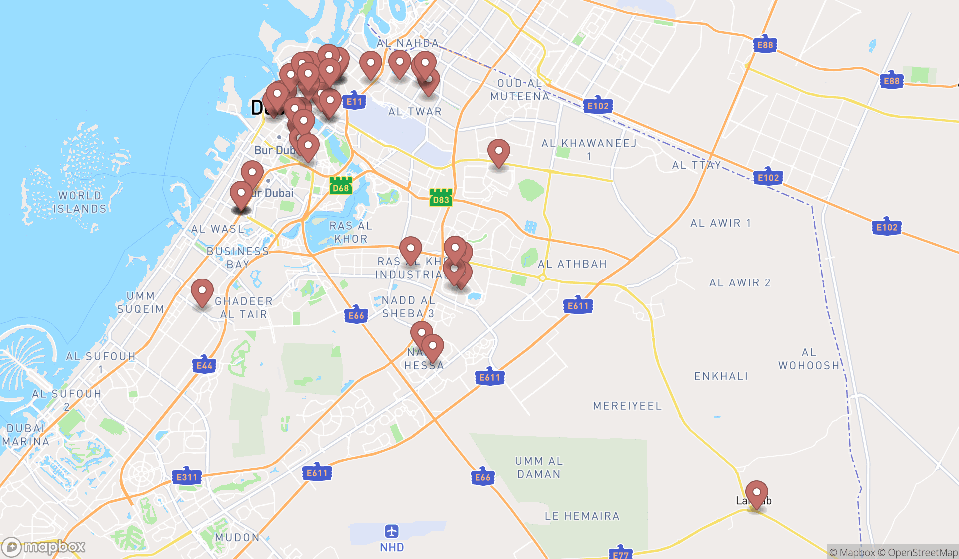 Map showing the search results in Dubai