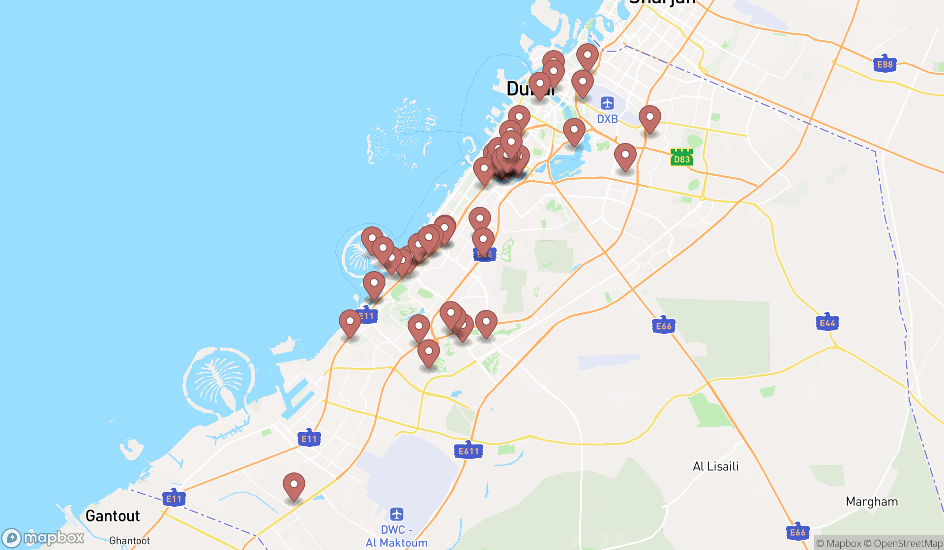 Map showing the search results in Dubai