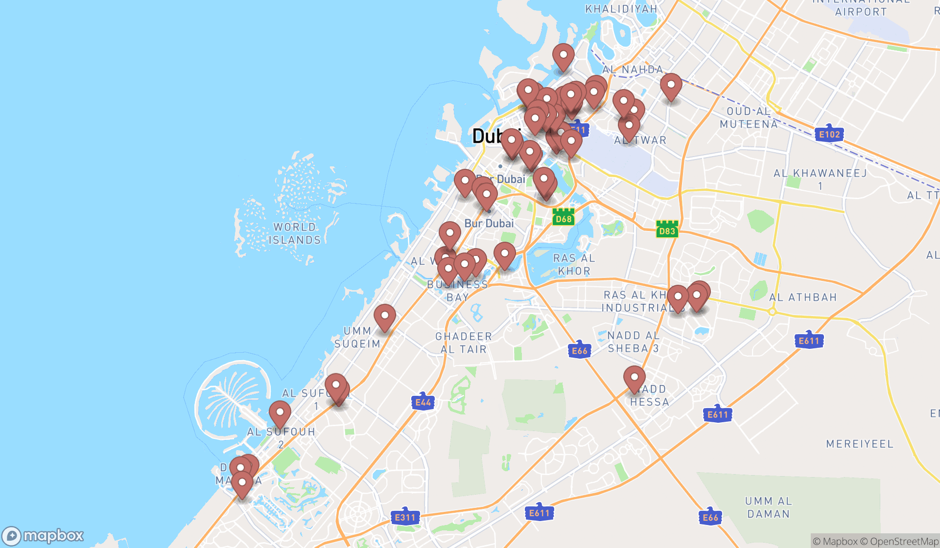 Map showing the search results in Dubai