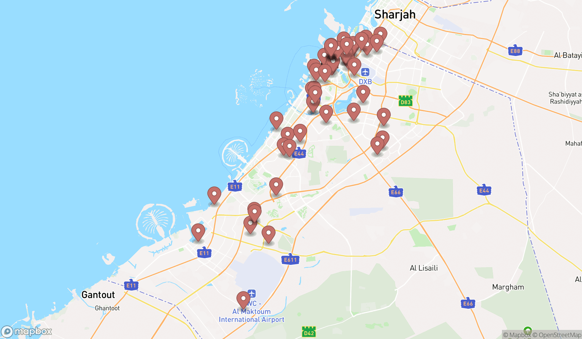 Map showing the search results in Dubai