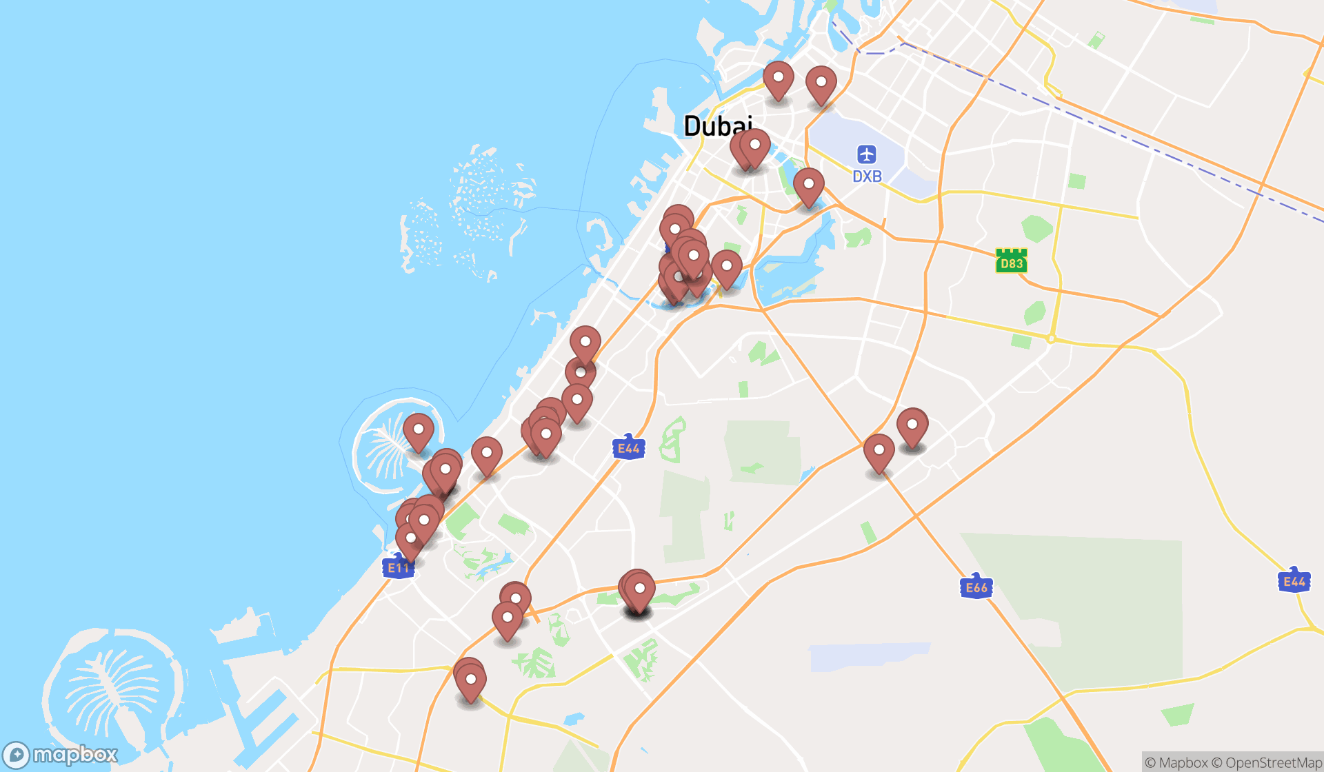 Map showing the search results in Dubai