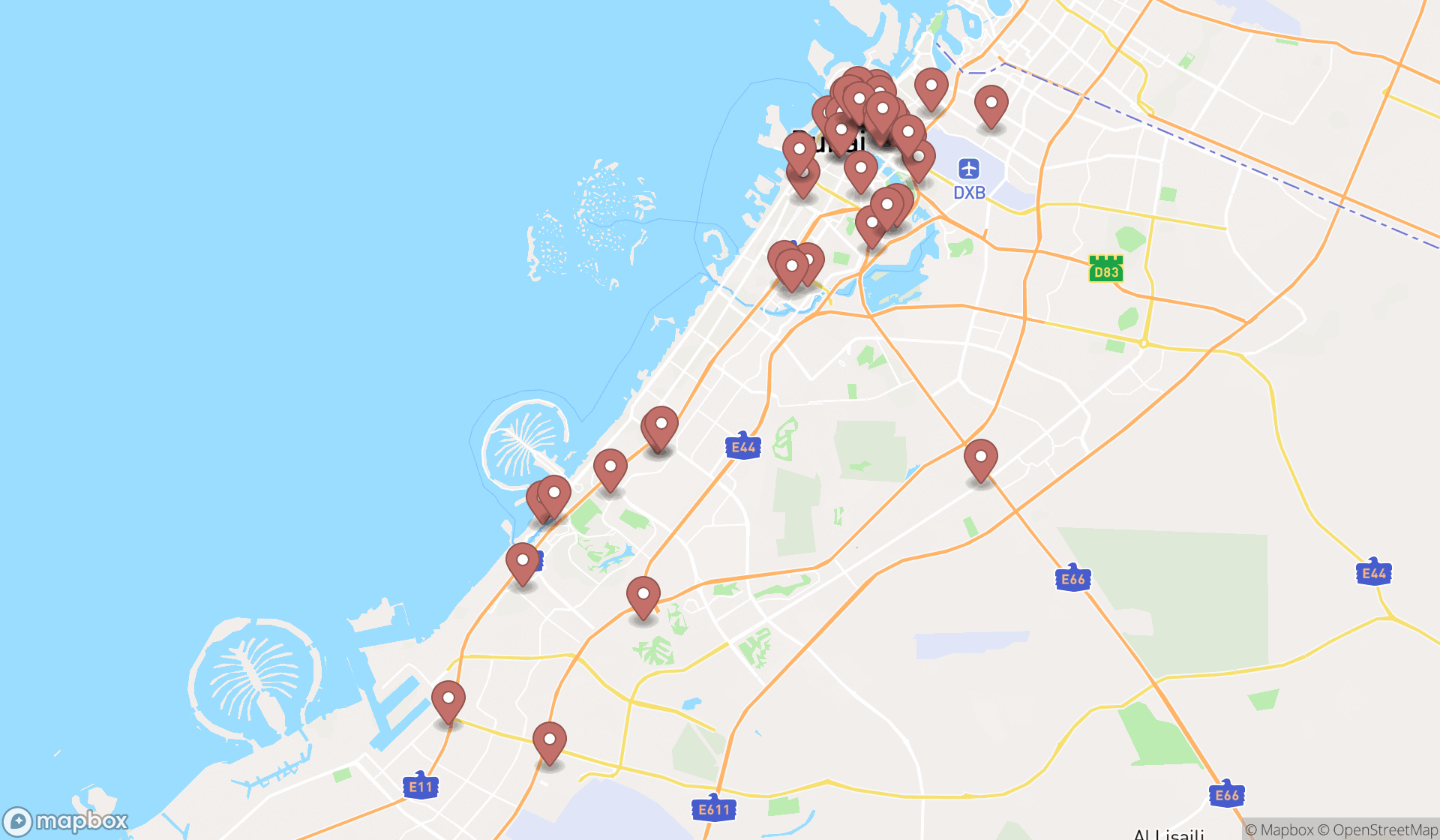 Map showing the search results in Dubai