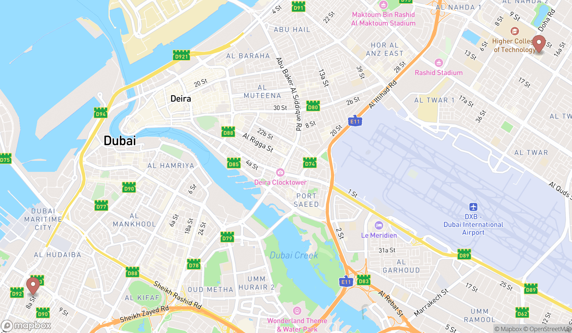 Map showing the search results in Dubai