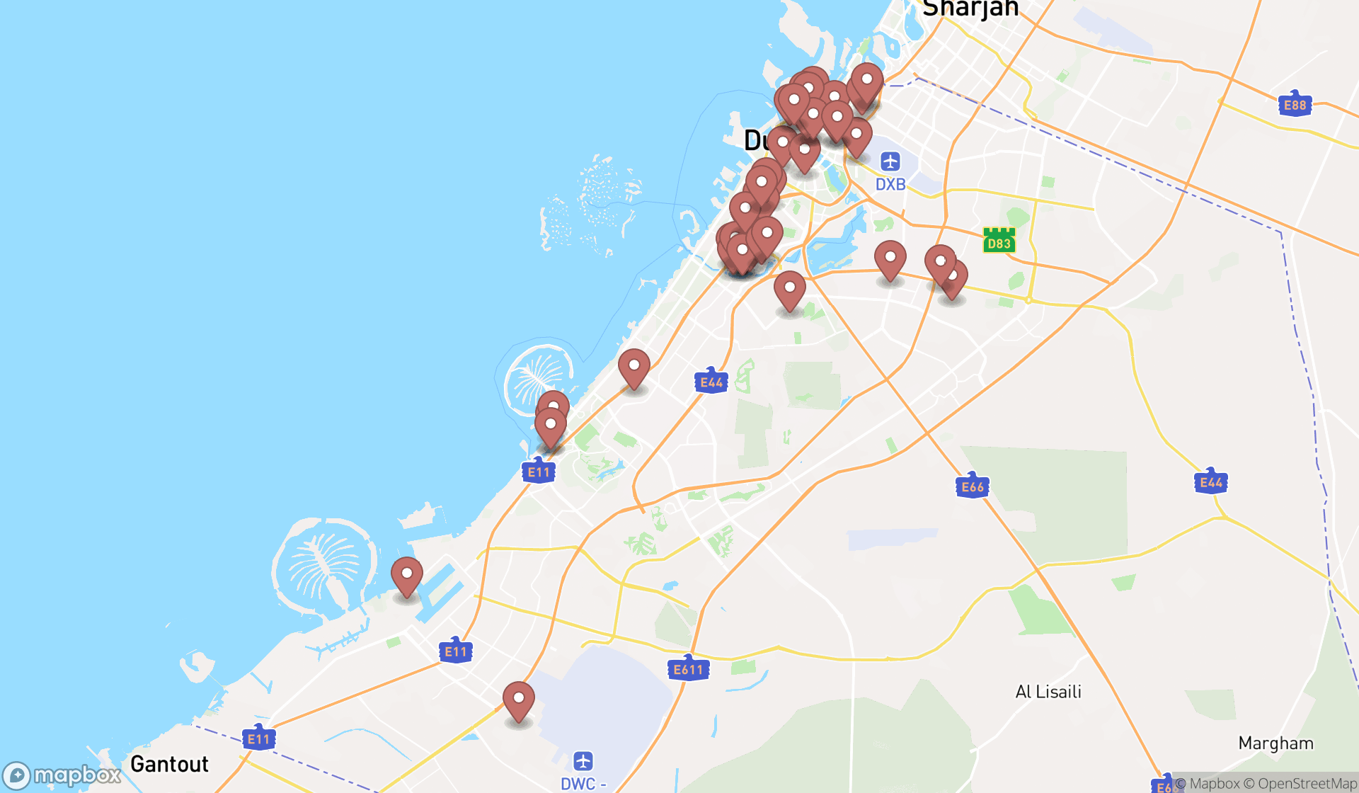 Map showing the search results in Dubai